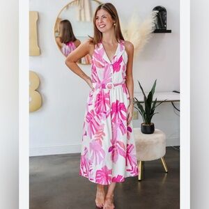 Fate Pink and White Leaf Print Midi Dress